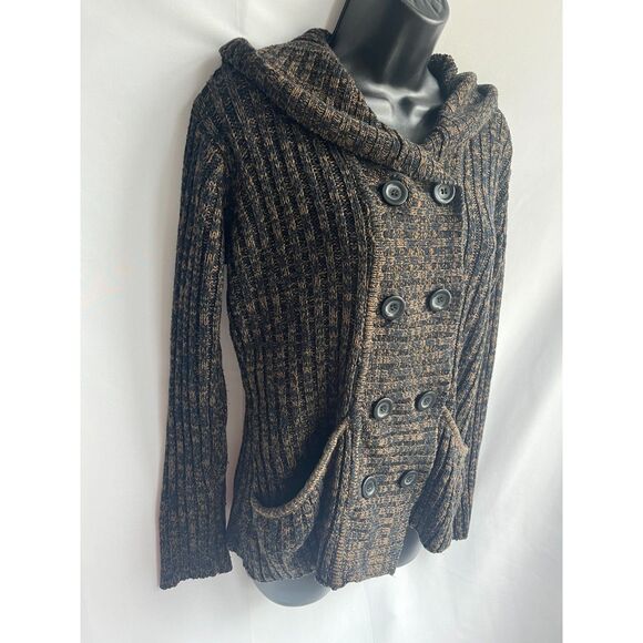 Effeci Y2K Brown Knit Sweater Double Breasted Cardigan Hooded M Retro Vintage - Picture 4 of 11